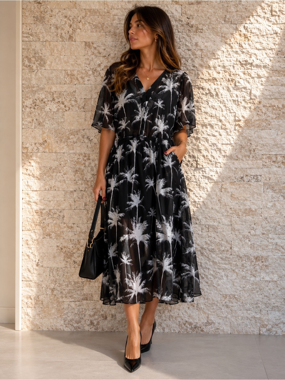 Carmakoma Black and White Palm-Print Midi Dress size M